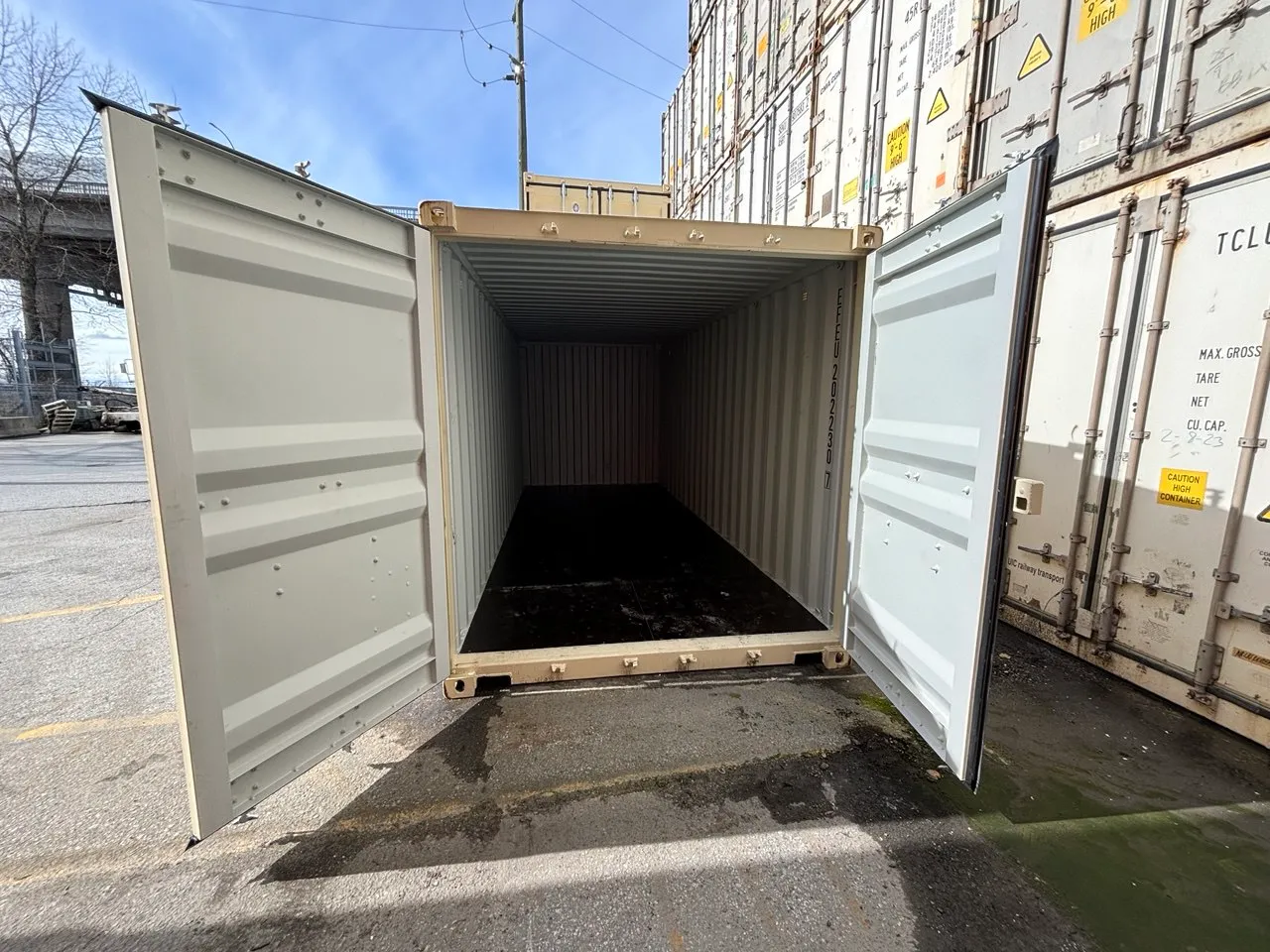 Shipping container with both doors open showing a clean interior