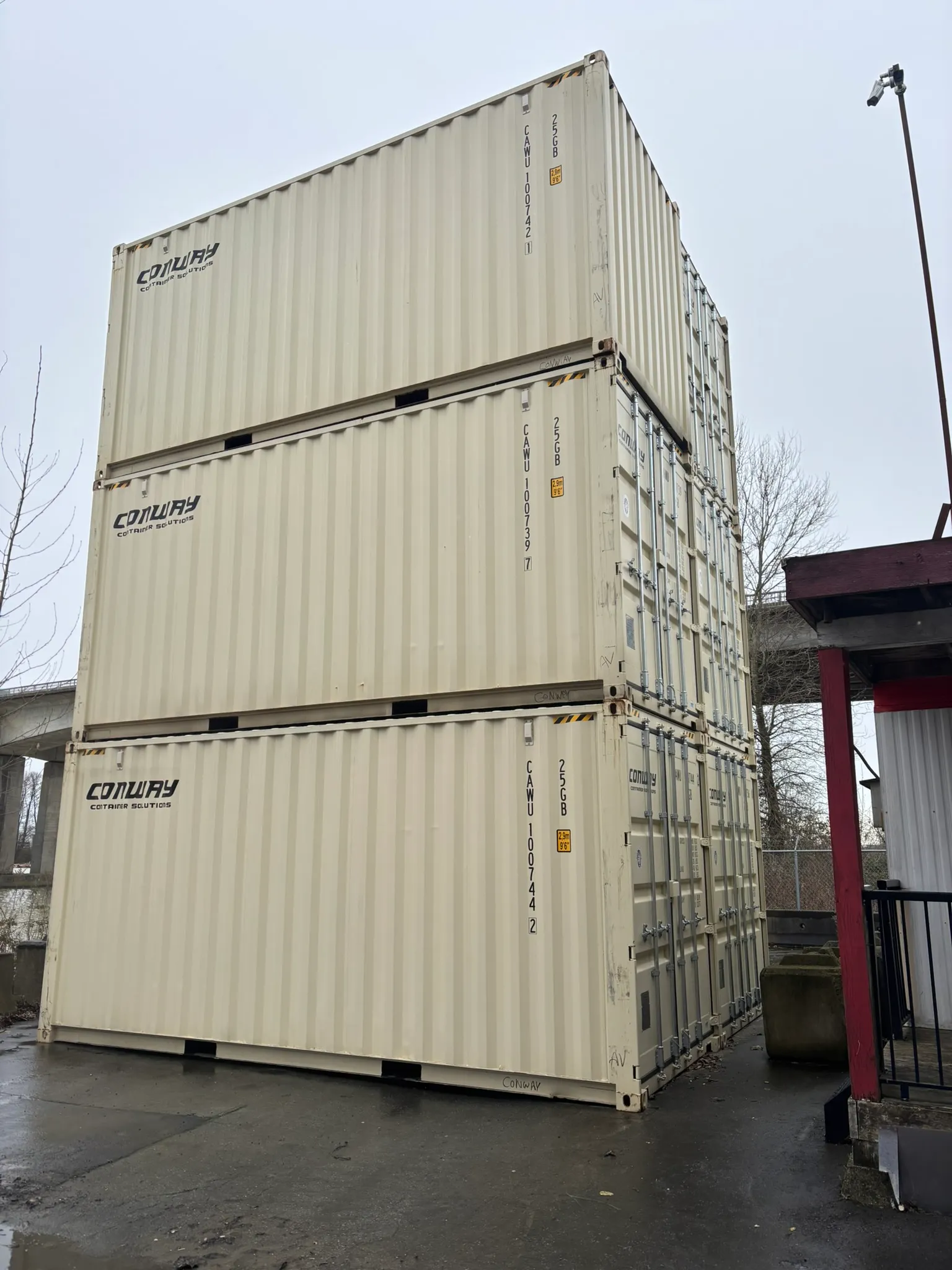 Conway-branded shipping containers stacked in Richmond, British Columbia