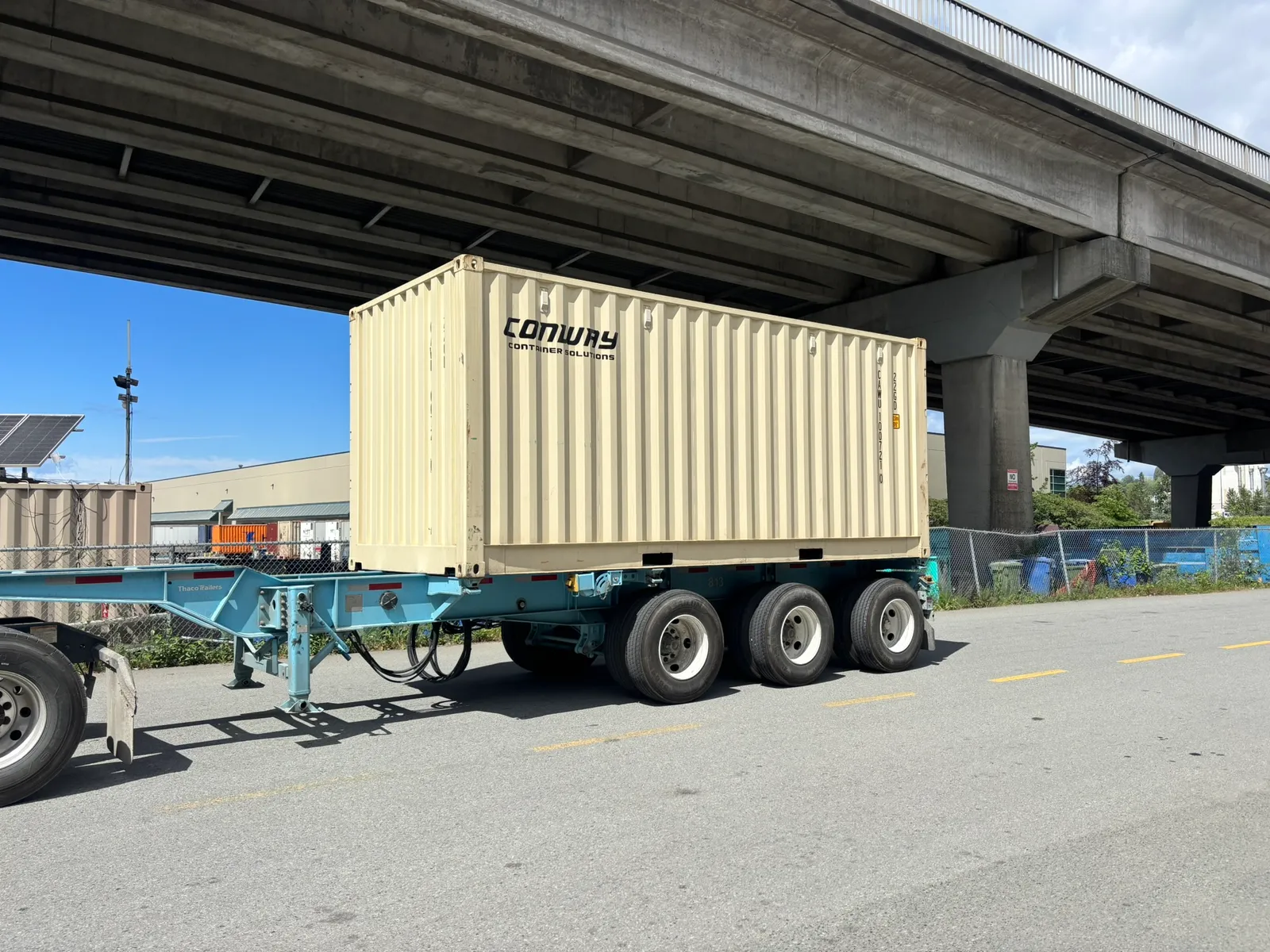 Conway open-side 20ft shipping container loaded on a delivery trailer in British Columbia