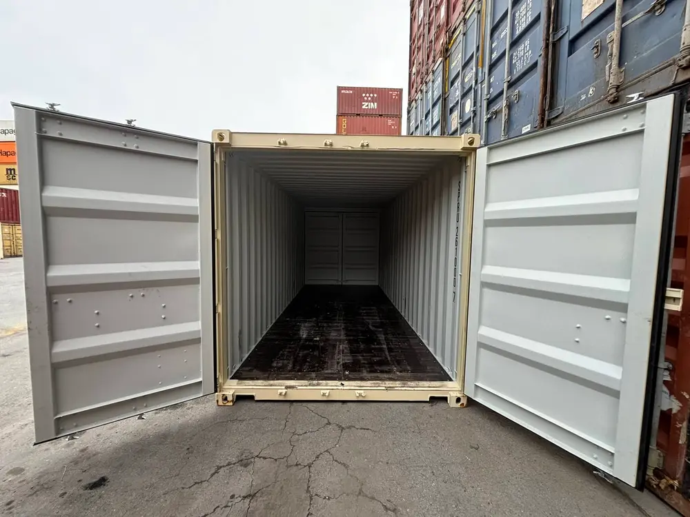 Doors open on a wind- and water-tight 20ft container — clean, dry interior for storage in Delta, BC
